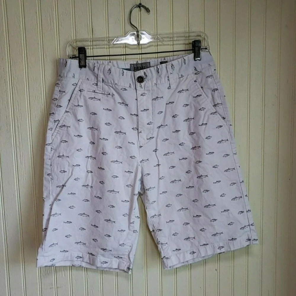 Rebel Jeans Shorts‎ Mens 32 White Fish Print Chino 10 Inseam Nautical Casual